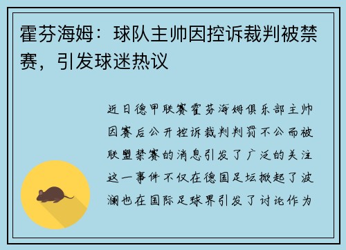 霍芬海姆：球队主帅因控诉裁判被禁赛，引发球迷热议